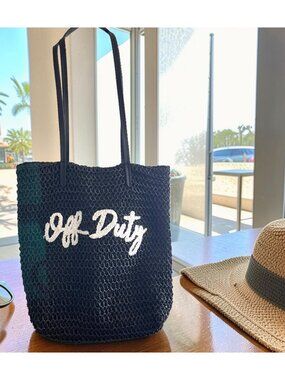 Black Woven Tote Bag With "Off Duty" White Embroidery Magnetic Closure 15" x14"